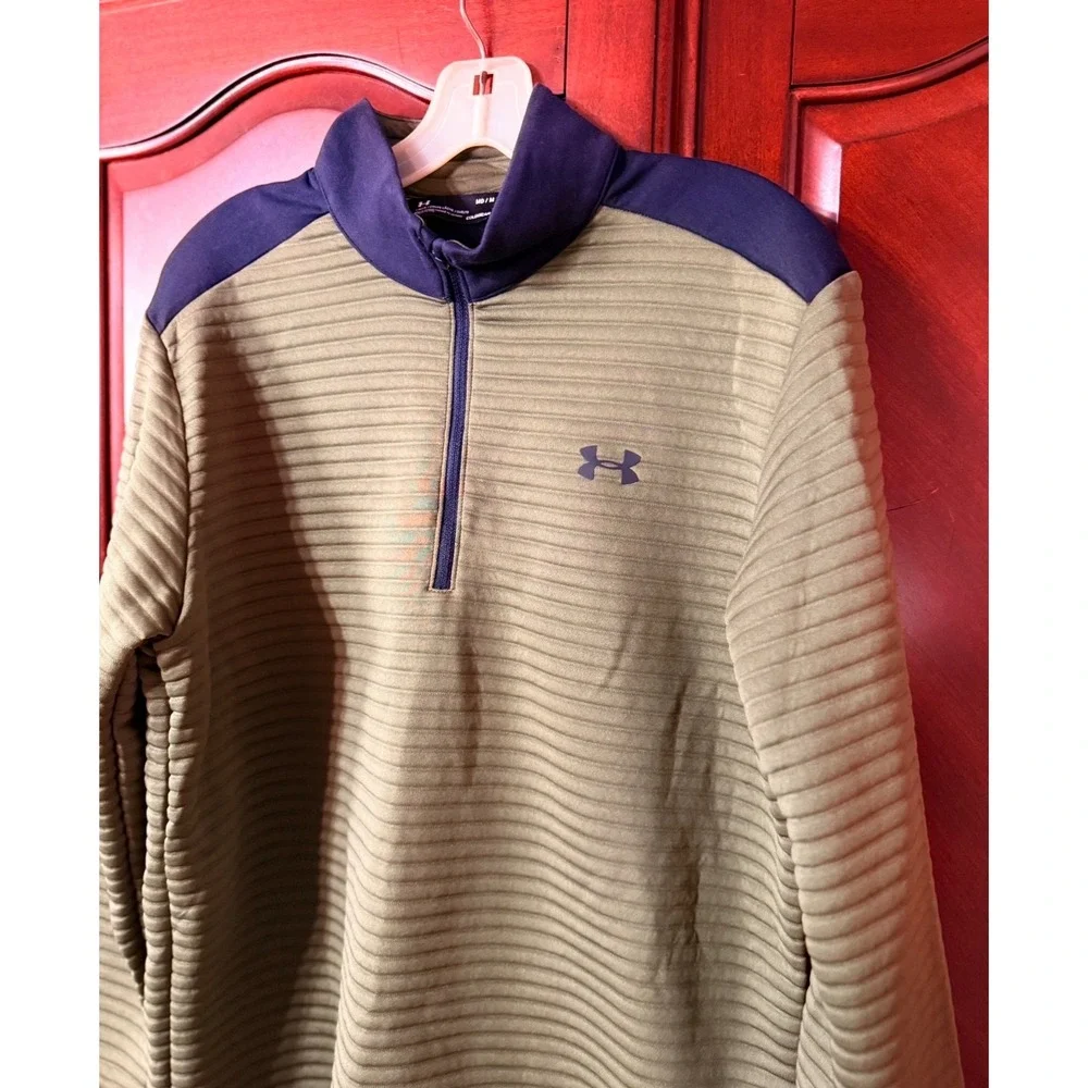 Under Armour ColdGear Mens Medium Olive Green Navy Blue Ribbed 1/4 Zip Pullover